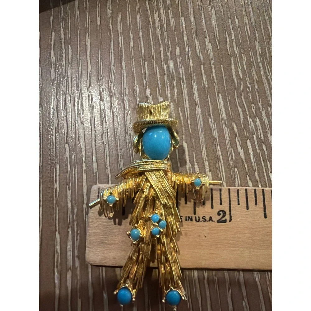 Vintage Gold Tone Scarecrow Brooch Turquoise Cabochon Fall Thanksgiving Pin